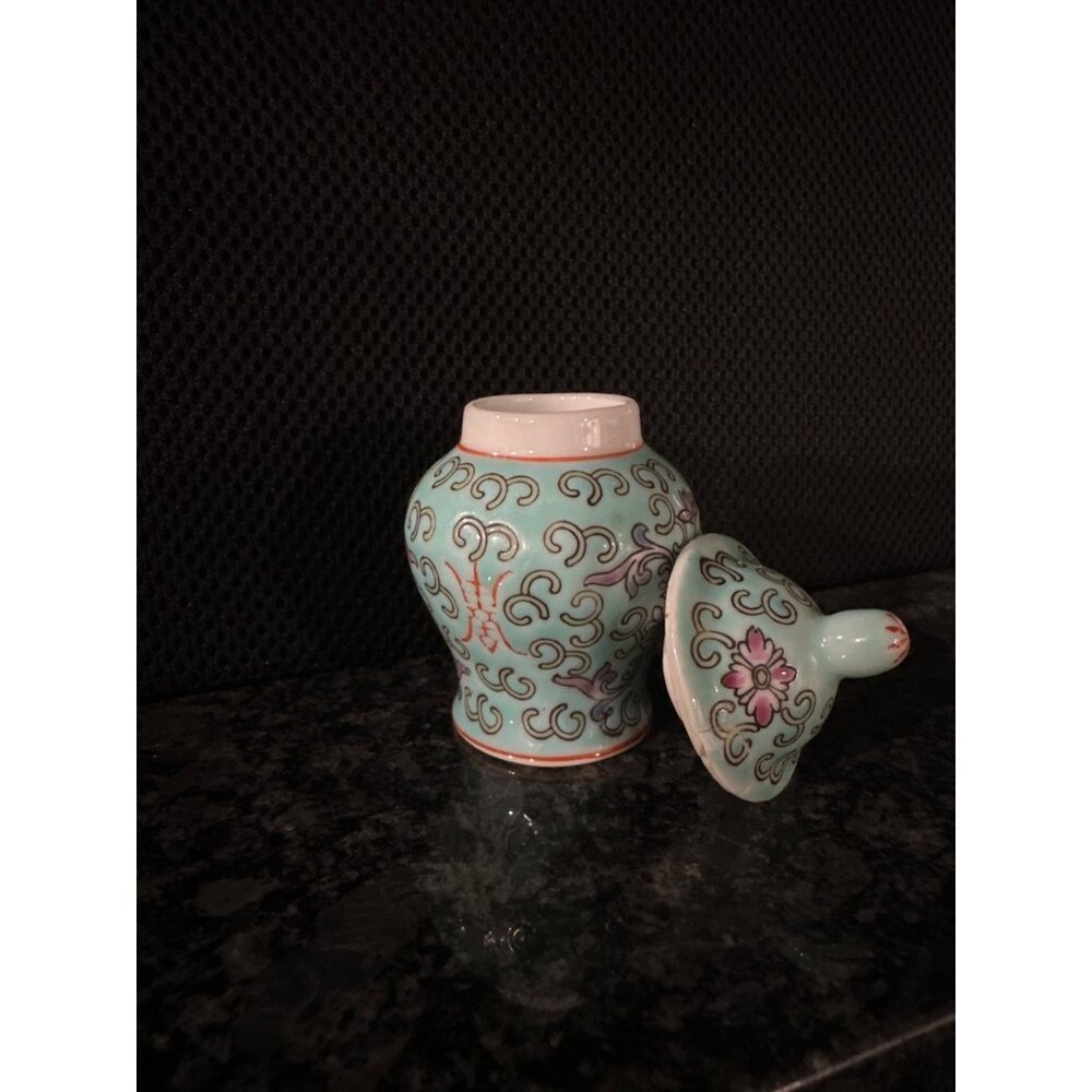 Small Decorative Porcelain Jar With Lid & Floral Motif - Mint Green Pink & White